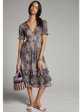 ANTHROPOLOGIE HUTCH ADELIA RUFFLED MIDI DRESS Leopard Print Size M Cottage